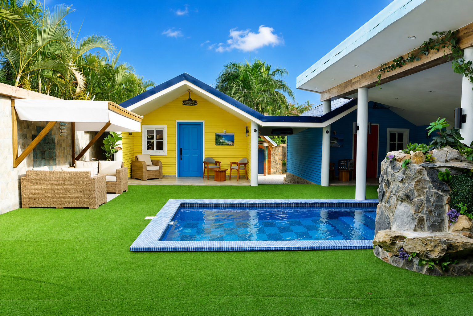 Casita Amarilla, vista de la piscina y jardín